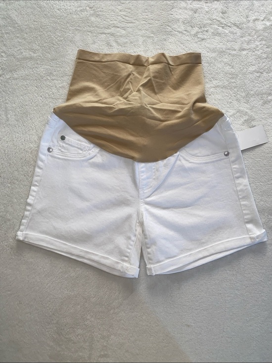 Indigo Blue Pants - Maternity White Denim Shorts with Tan Support Panel Size small